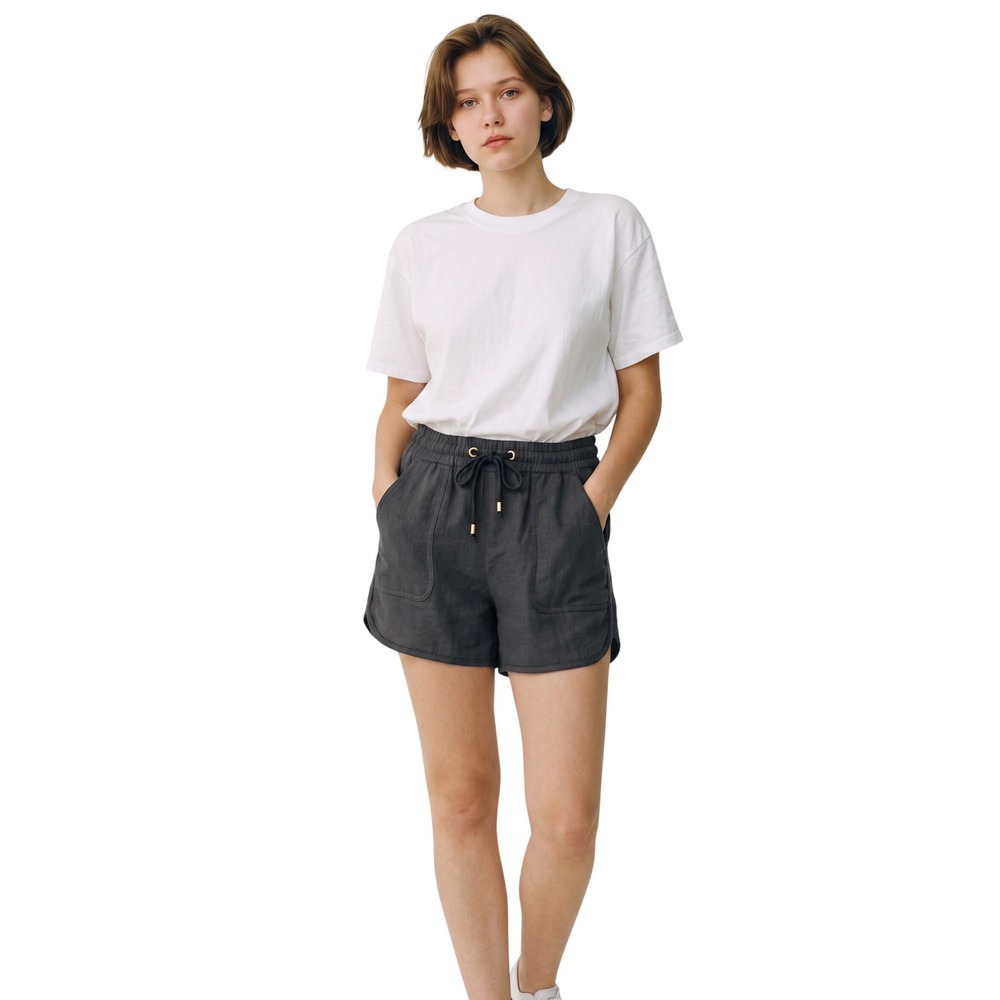 C'est Toi Womens Black Linen Blend Dolphin Shorts Drawstring Pockets TP549 Small - Picture 2 of 10